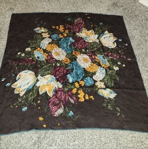 Ellen Tracy Floral Bouquet Throw - 100% Silk Violet Blue Maroon Green 33x33"